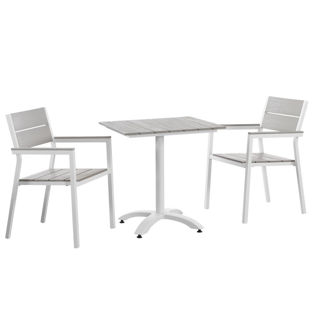 Modway Maine Aluminum 3-Piece Dining Set Outdoor Patio with 28" Dining Table and Two Dining Armchairs in White Light Gray