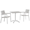 Modway Maine Aluminum 3-Piece Dining Set Outdoor Patio with 28" Dining Table and Two Dining Armchairs in White Light Gray