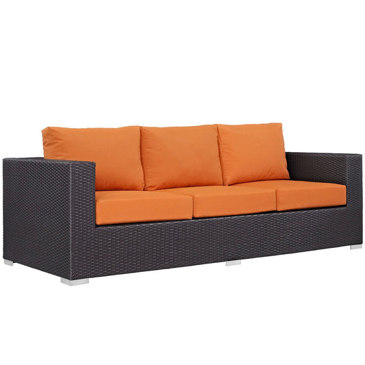 Modway Convene Wicker Rattan Outdoor Patio Sofa with Cushions in Espresso Orange