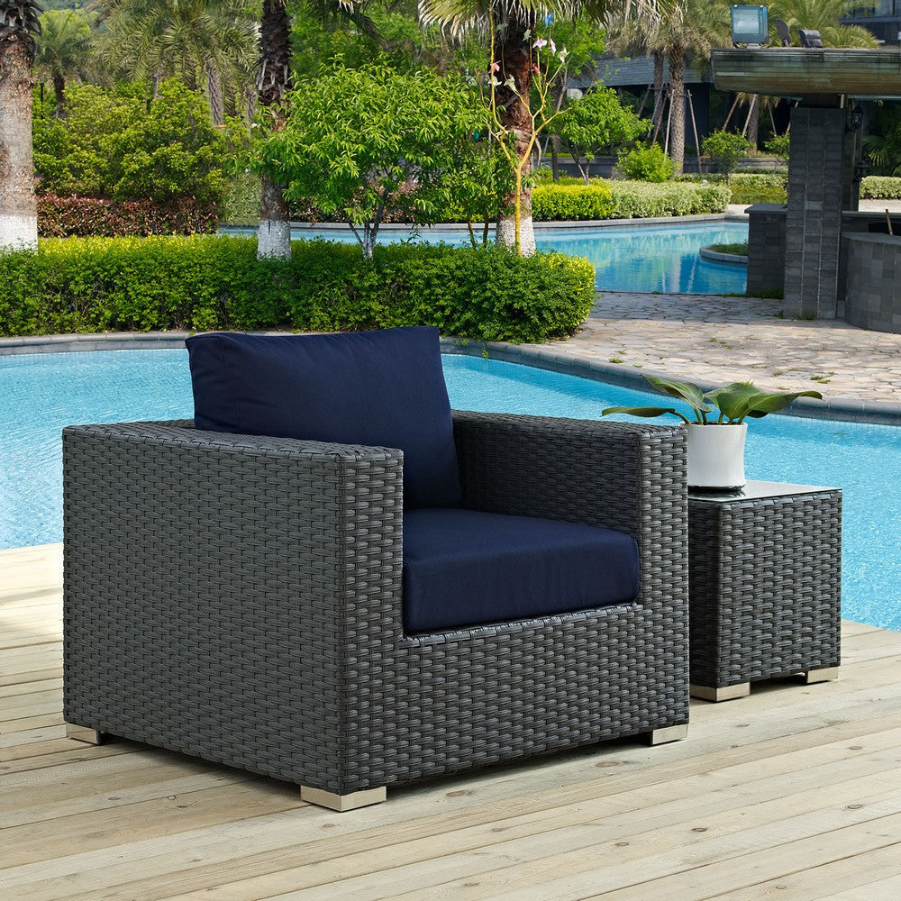 Modway Sojourn Wicker Rattan Outdoor Patio Sunbrella Fabric Armchair in Canvas Navy MDY-EEI-1850-CHC-NAV