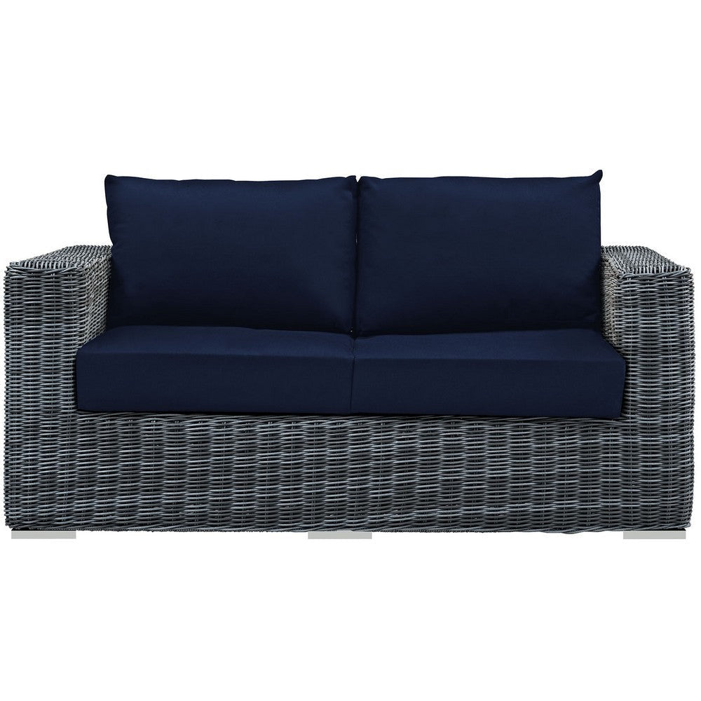 Modway EEI-1865-GRY-NAV Summon Wicker Rattan Outdoor Patio Sunbrella Loveseat in Canvas Navy MDY-EEI-1865-GRY-NAV