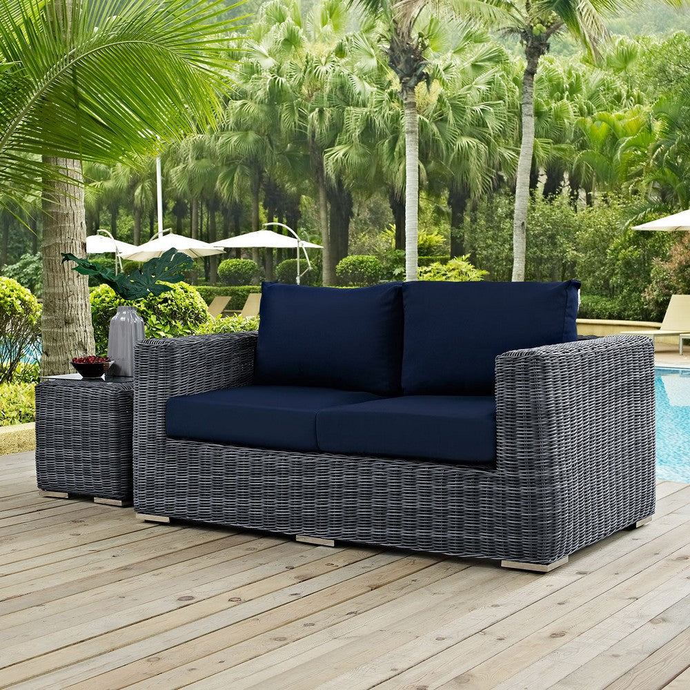 Modway EEI-1865-GRY-NAV Summon Wicker Rattan Outdoor Patio Sunbrella Loveseat in Canvas Navy MDY-EEI-1865-GRY-NAV