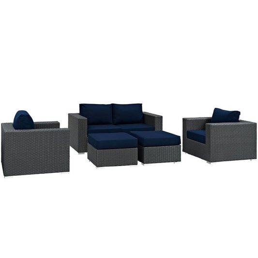 Modway Sojourn Wicker Rattan 5 Piece Outdoor Patio Sunbrella Sectional Set in Canvas Navy