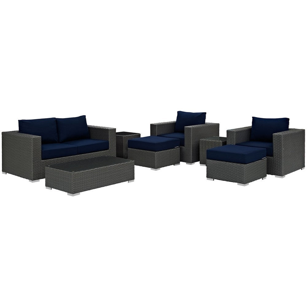 Modway Sojourn Wicker Rattan 8 Piece Outdoor Patio Sunbrella Sectional Set in Canvas Navy