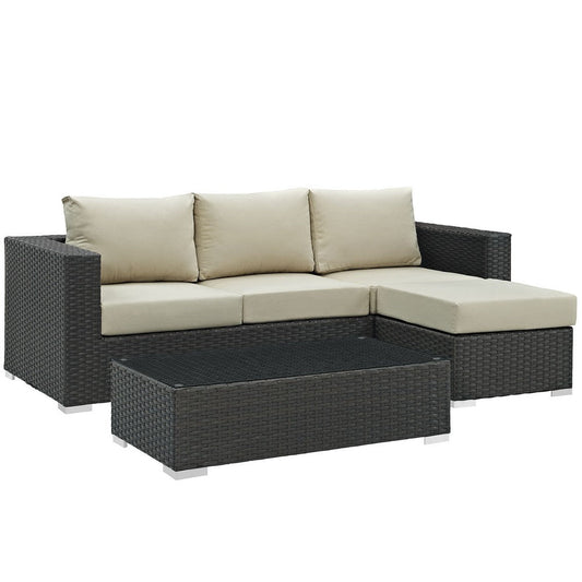 Modway Sojourn Wicker Rattan 3 Piece Outdoor Patio Sunbrella Sectional Set in Canvas Antique Beige