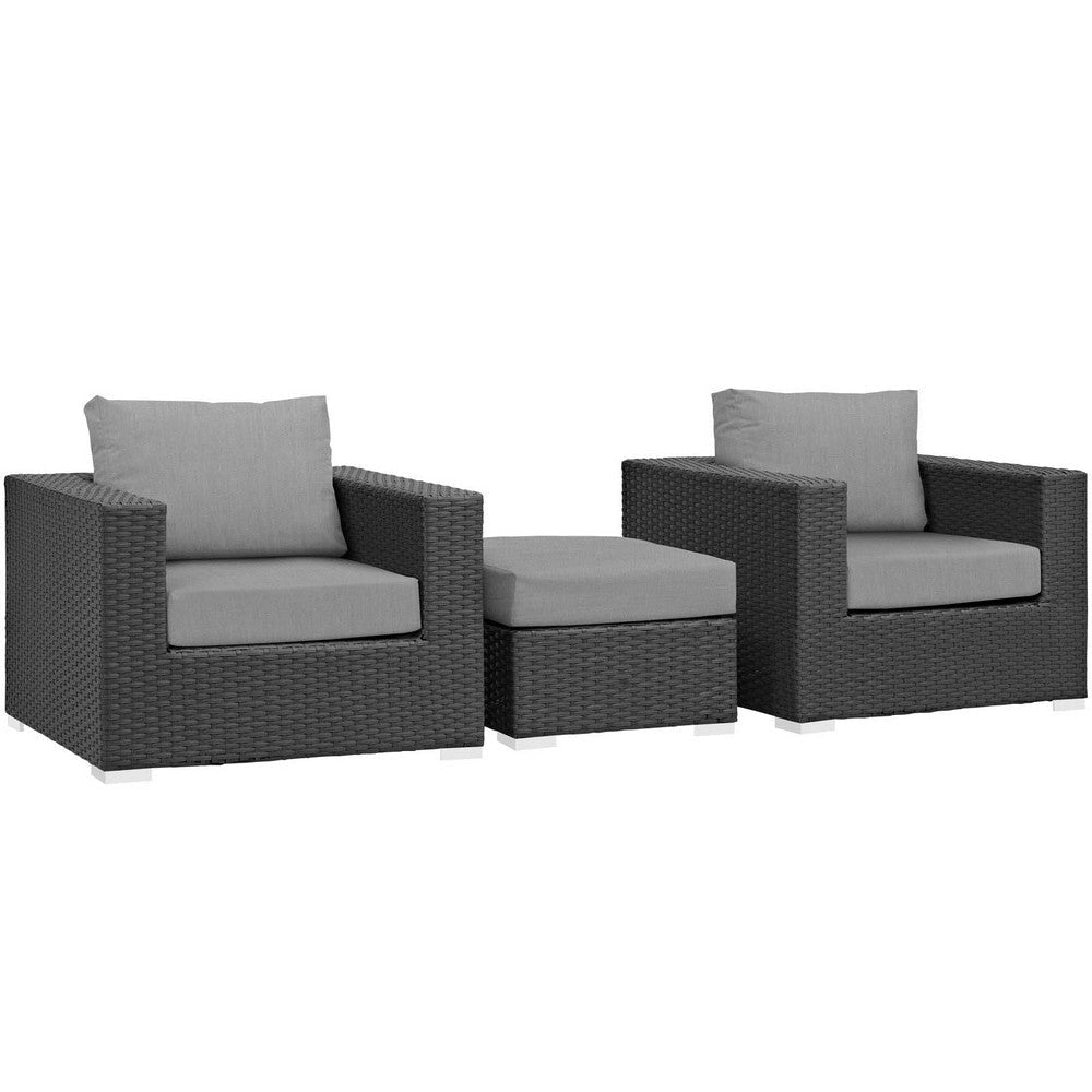 Modway Sojourn Wicker Rattan 3 Piece Outdoor Patio Sunbrella Sectional Set in Canvas Gray