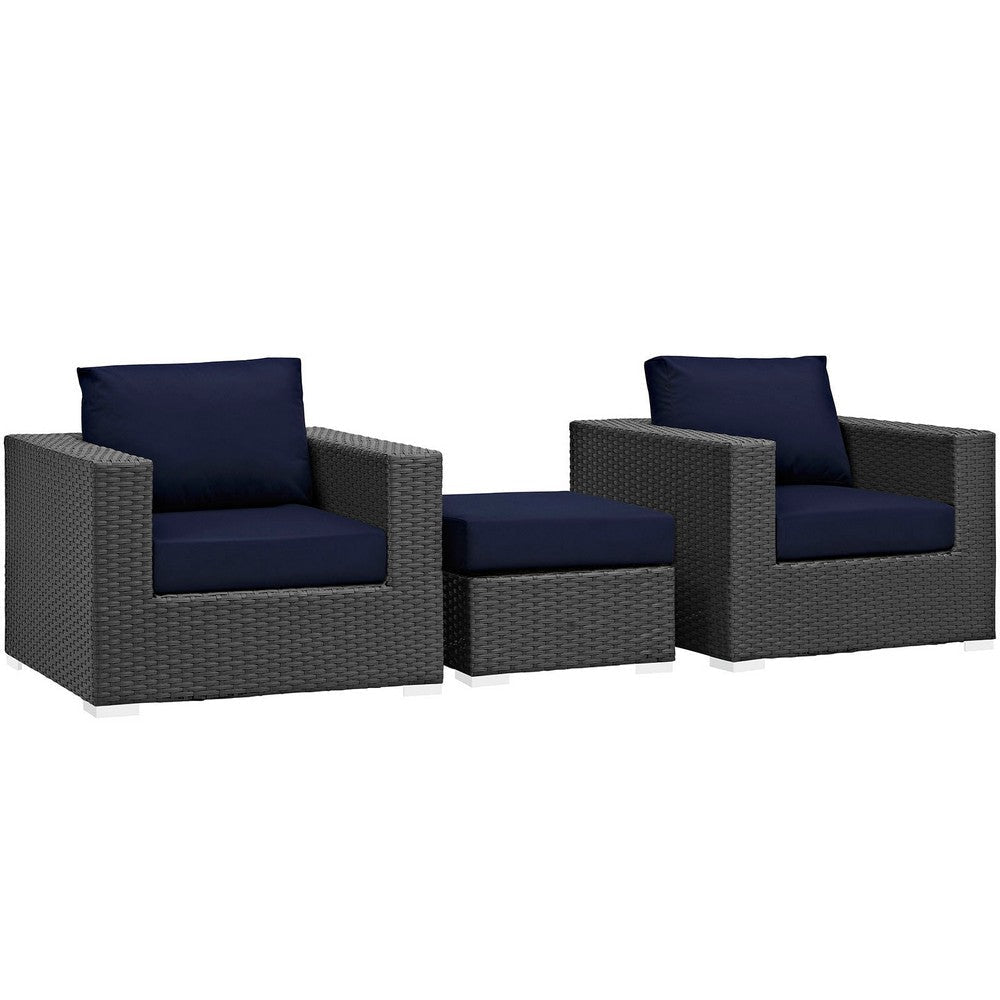Modway Sojourn Wicker Rattan 3 Piece Outdoor Patio Sunbrella Sectional Set in Canvas Navy