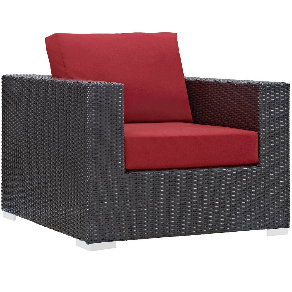 Modway Convene Wicker Rattan Outdoor Patio Arm Chair with Cushions in Espresso Red