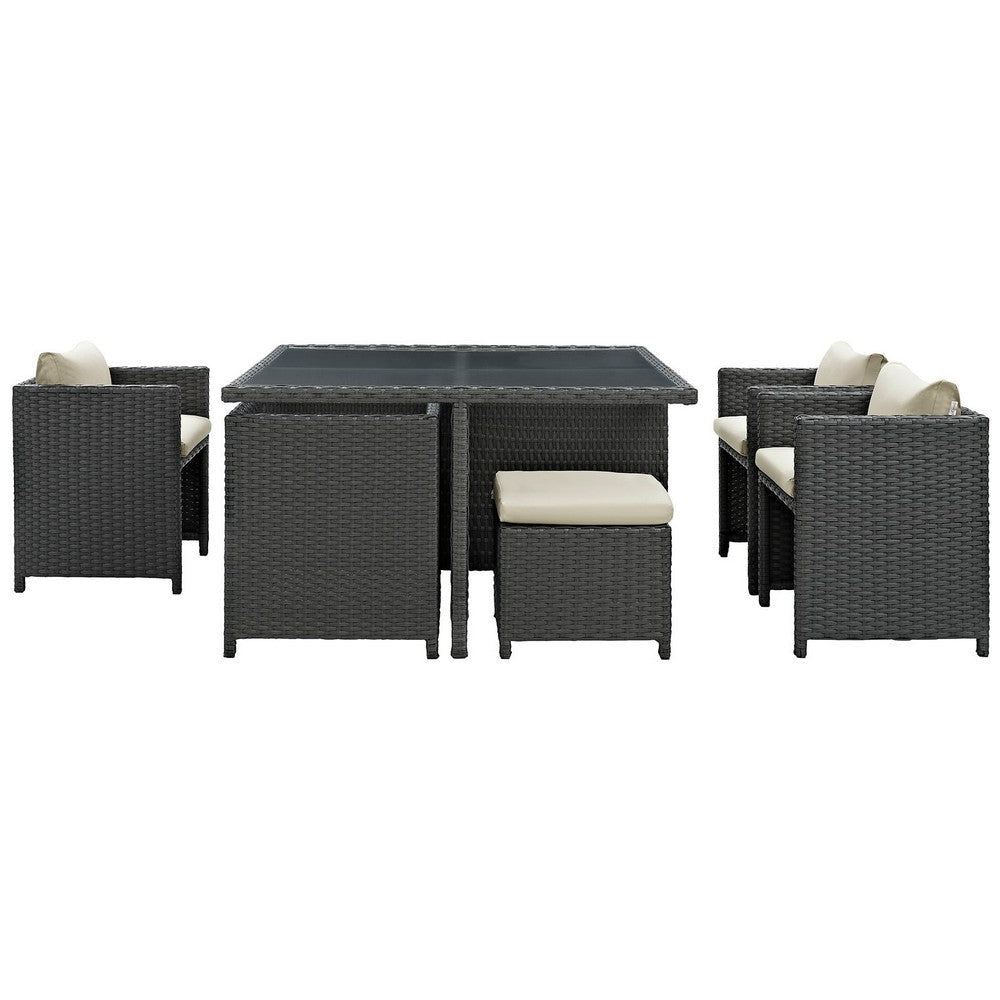 Modway Sojourn Wicker Rattan Outdoor Patio Sunbrella Fabric 9-pc Dining Set in Antique Canvas Beige MDY-EEI-1946-CHC-BEI-SET