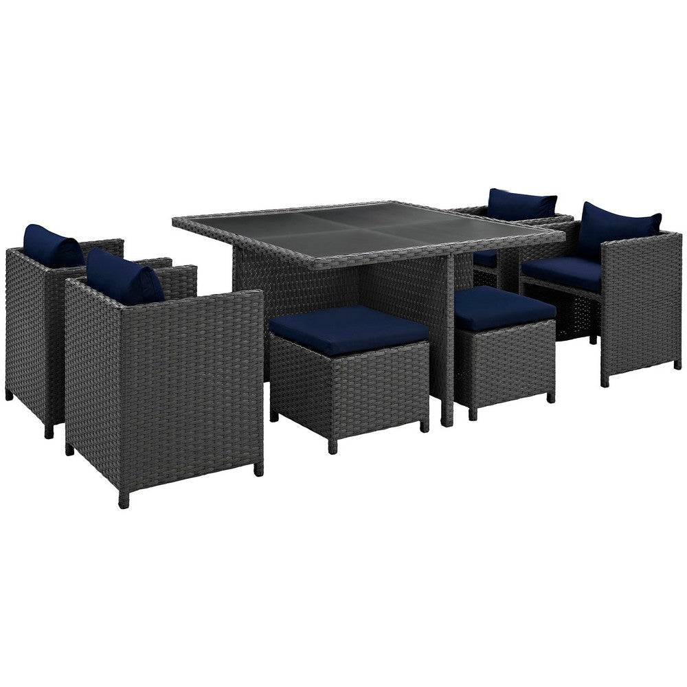 Modway Sojourn Wicker Rattan Outdoor Patio Sunbrella Fabric 9-pc Dining Set in Canvas Navy MDY-EEI-1946-CHC-NAV-SET