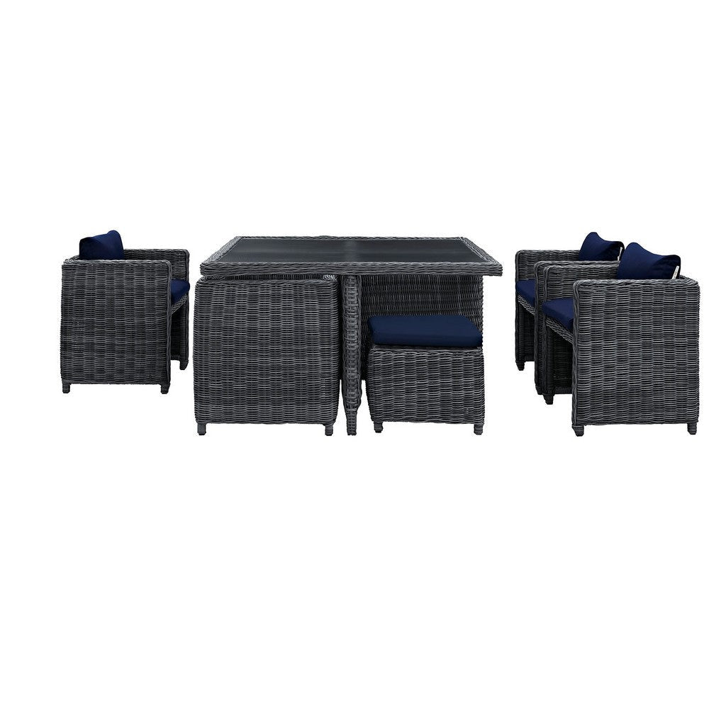 Modway Summon Wicker Rattan Outdoor Patio Sunbrella 9-pc Dining Set in Canvas Navy MDY-EEI-1947-GRY-NAV-SET