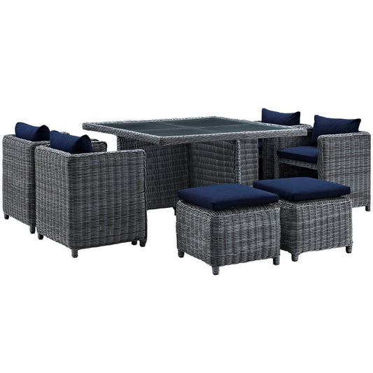 Modway Summon Wicker Rattan Outdoor Patio Sunbrella 9-pc Dining Set in Canvas Navy