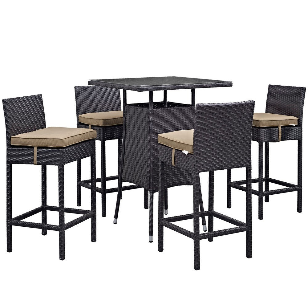 Modway Convene Wicker Rattan 5-Piece Outdoor Patio Pub Bistro Bar Set in Espresso Mocha