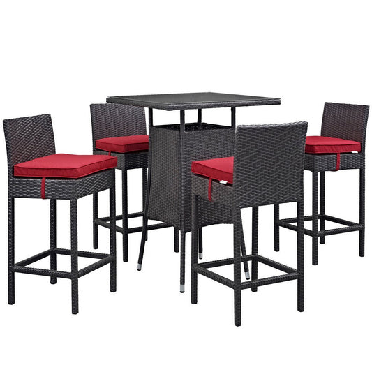 Modway Convene Wicker Rattan 5-Piece Outdoor Patio Pub Bistro Set in Espresso Red