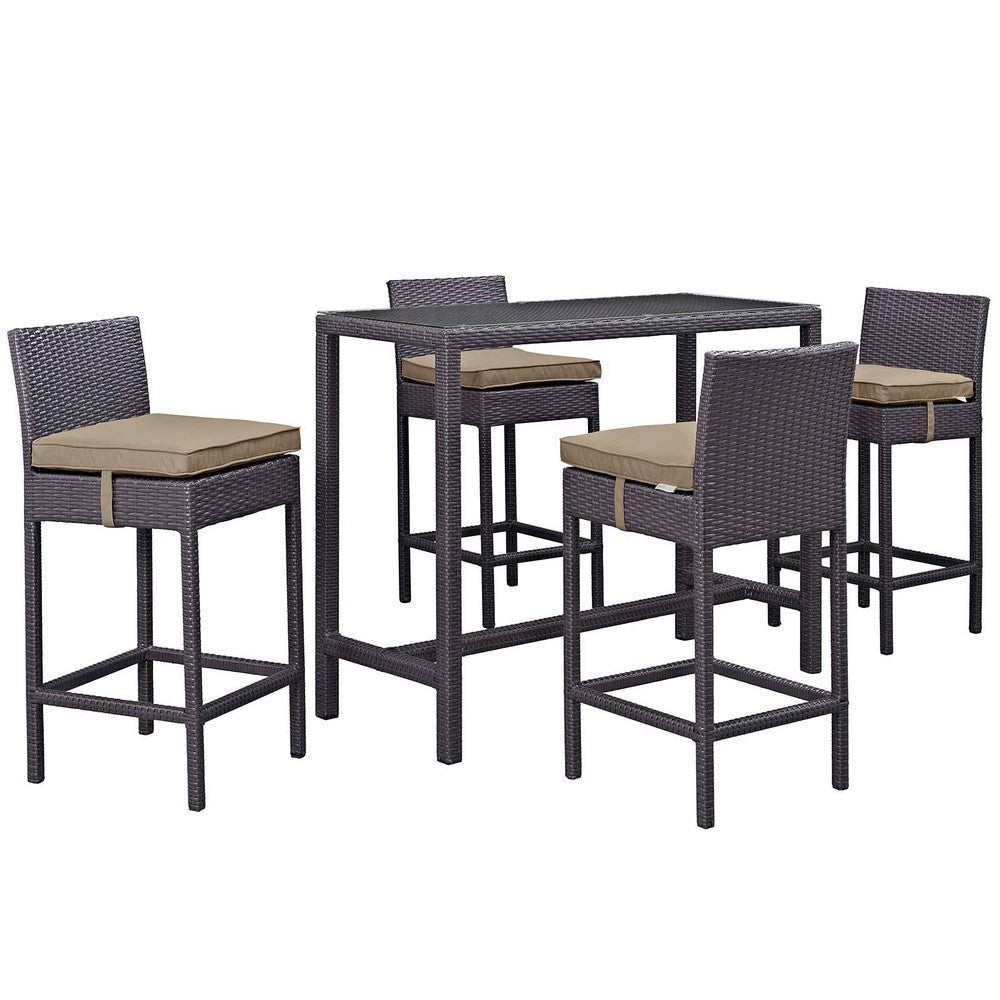 Modway Convene Wicker Rattan 5-Piece Outdoor Patio Pub Bistro Set in Espresso Mocha