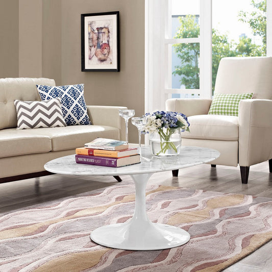 White Lippa 48" Oval-Shaped Artificial Marble Coffee Table