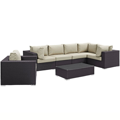 Modway Convene Wicker Rattan 7-Piece Outdoor Patio Sectional Sofa Furniture Set in Espresso Beige