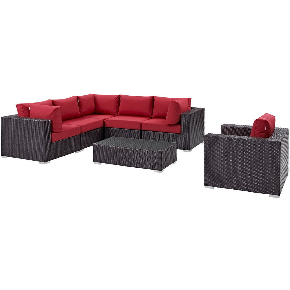 Modway Convene Wicker Rattan 7-Piece Outdoor Patio Sectional Sofa Furniture Set in Espresso Red MDY-EEI-2157-EXP-RED-SET