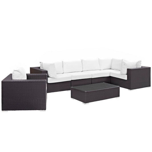 Modway Convene Wicker Rattan 7-pc Outdoor Patio Sectional Sofa Furniture Set in Espresso White