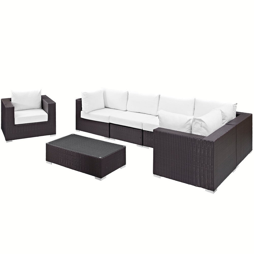 Modway Convene Wicker Rattan 7-pc Outdoor Patio Sectional Sofa Furniture Set in Espresso White MDY-EEI-2157-EXP-WHI-SET