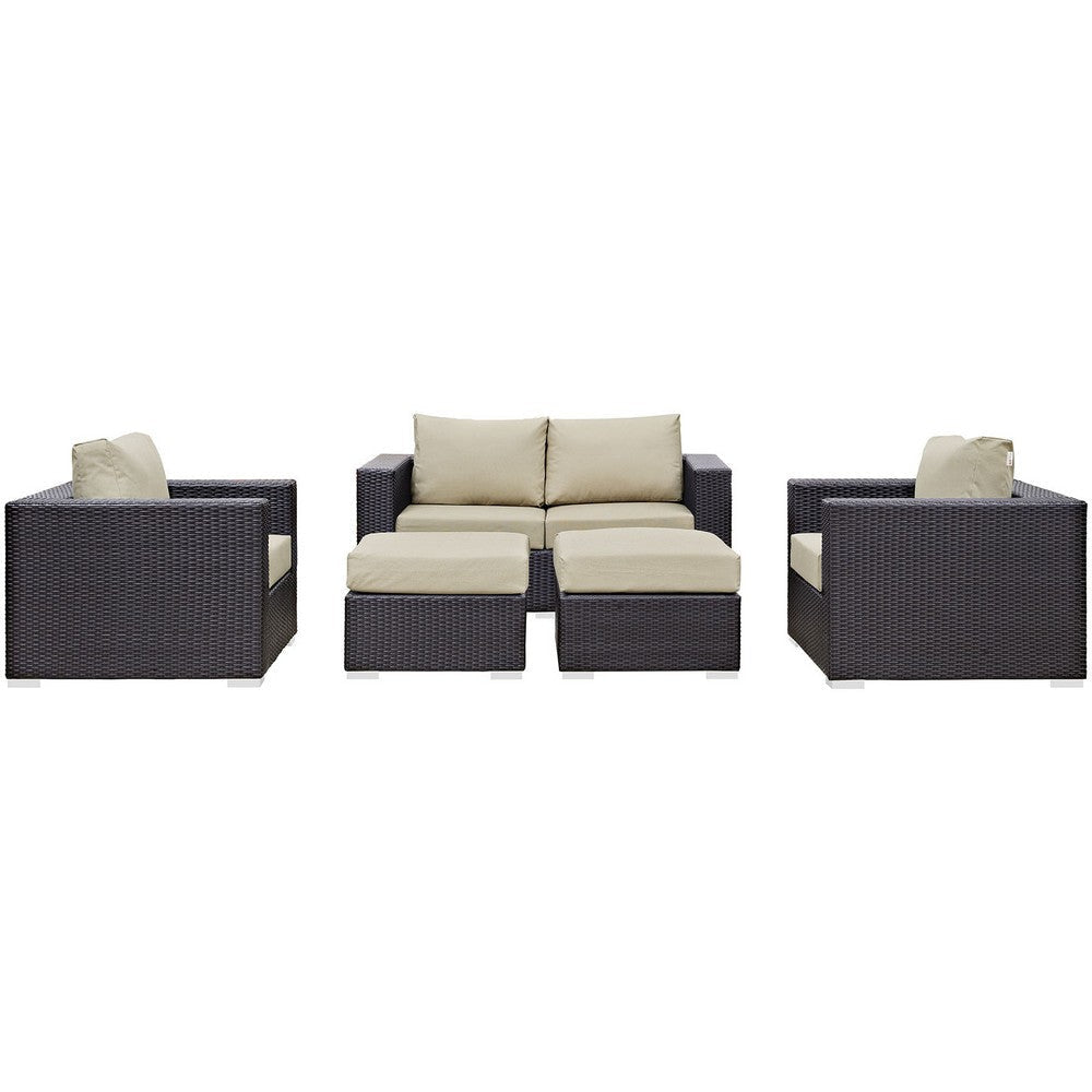 Modway Convene Wicker Rattan 5-Piece Outdoor Patio Furniture Set with Cushions in Espresso Beige MDY-EEI-2158-EXP-BEI-SET