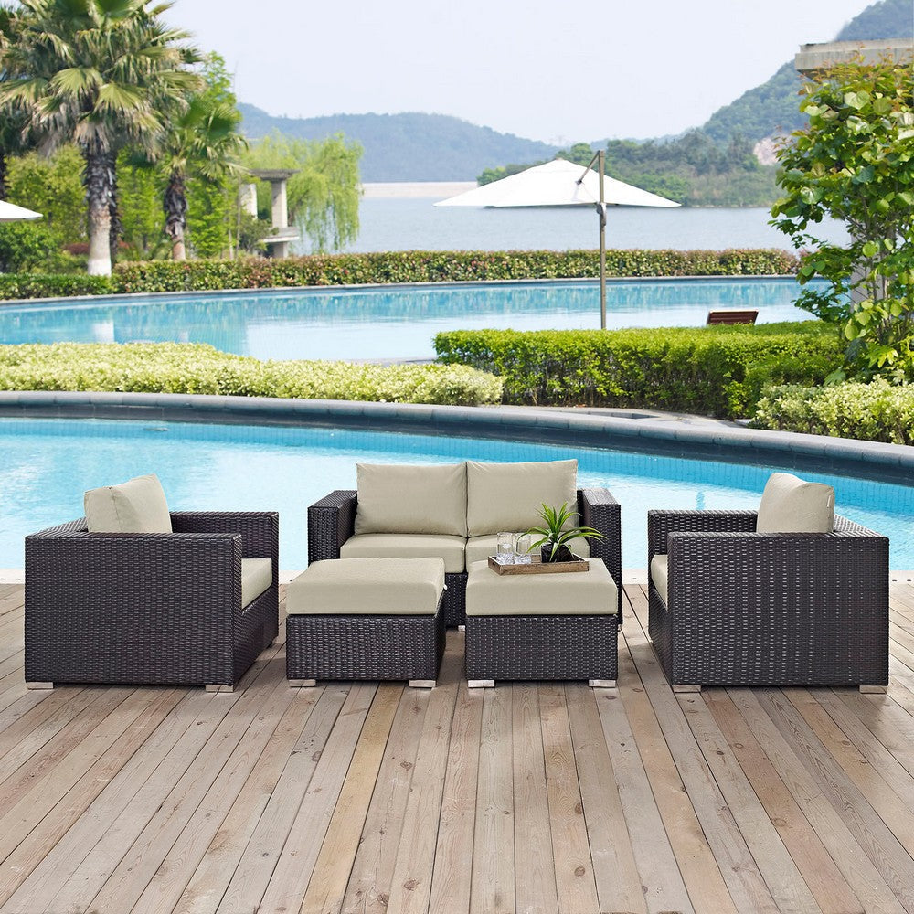 Modway Convene Wicker Rattan 5-Piece Outdoor Patio Furniture Set with Cushions in Espresso Beige MDY-EEI-2158-EXP-BEI-SET