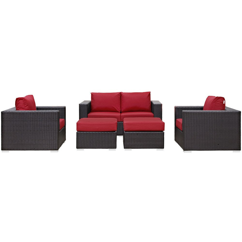 Modway Convene Wicker Rattan 5-Piece Outdoor Patio Furniture Set with Cushions in Espresso Red MDY-EEI-2158-EXP-RED-SET