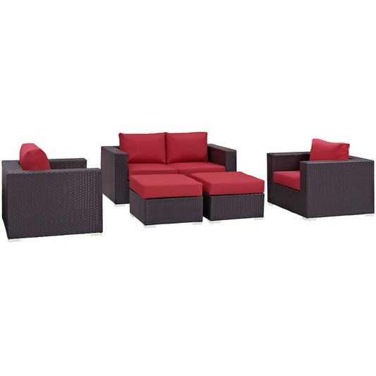 Modway Convene Wicker Rattan 5-Piece Outdoor Patio Furniture Set with Cushions in Espresso Red