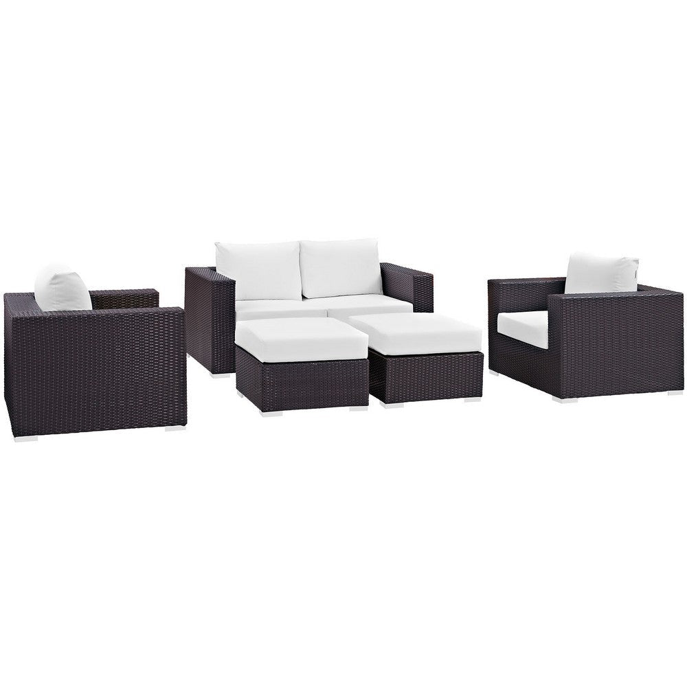 Modway Convene Wicker Rattan 5-Piece Outdoor Patio Furniture Set with Cushions in Espresso White