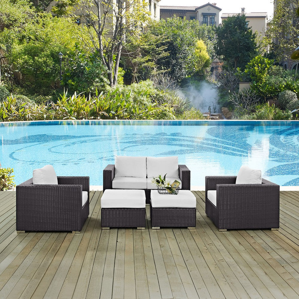 Modway Convene Wicker Rattan 5-Piece Outdoor Patio Furniture Set with Cushions in Espresso White MDY-EEI-2158-EXP-WHI-SET