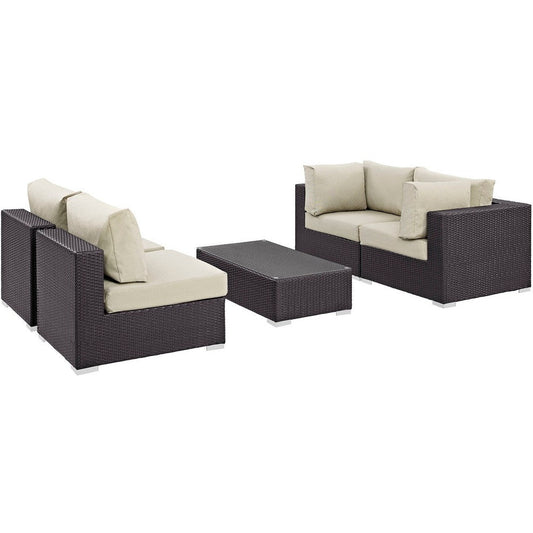 Modway Convene Wicker Rattan 5-Piece Outdoor Patio Furniture Set in Espresso Beige