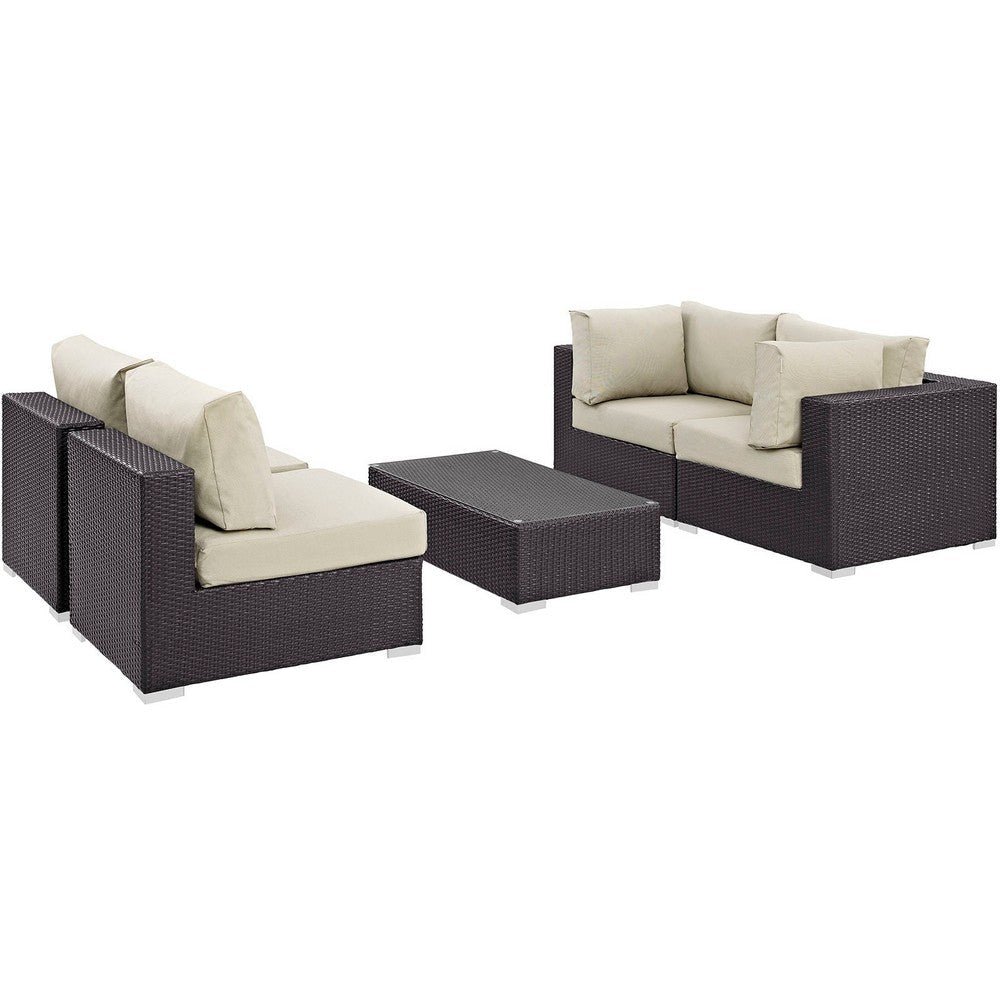 Modway Convene Wicker Rattan 5-Piece Outdoor Patio Furniture Set in Espresso Beige