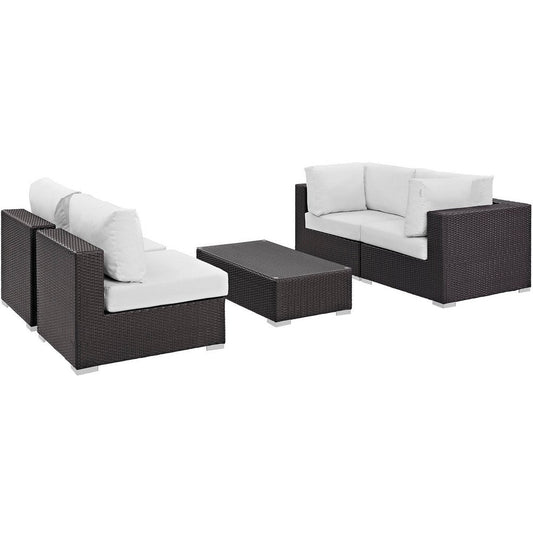Modway Convene Wicker Rattan 5-Piece Outdoor Patio Furniture Set in Espresso White