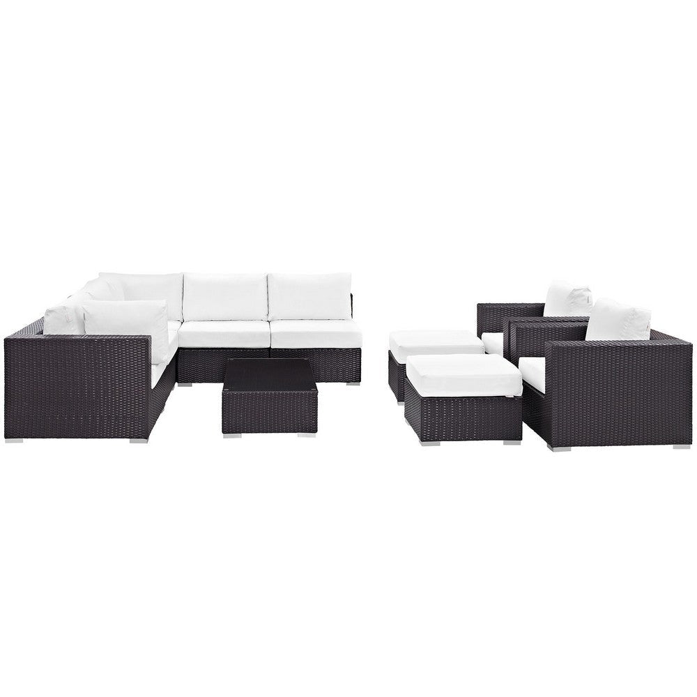 Modway Convene Wicker Rattan 10-Piece Outdoor Patio Sectional Sofa Furniture Set in Espresso White MDY-EEI-2169-EXP-WHI-SET