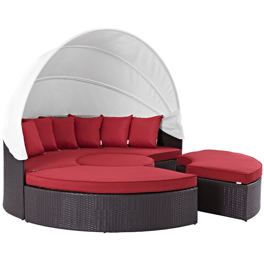 Modway Convene Wicker Rattan Outdoor Patio Retractable Canopy Round Poolside Sectional Sofa Daybed with Cushions in Espresso Red