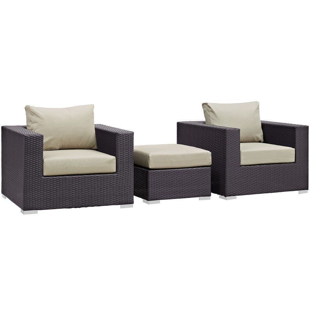 Modway Convene Wicker Rattan 3-Piece Outdoor Patio Furniture Set in Espresso Beige