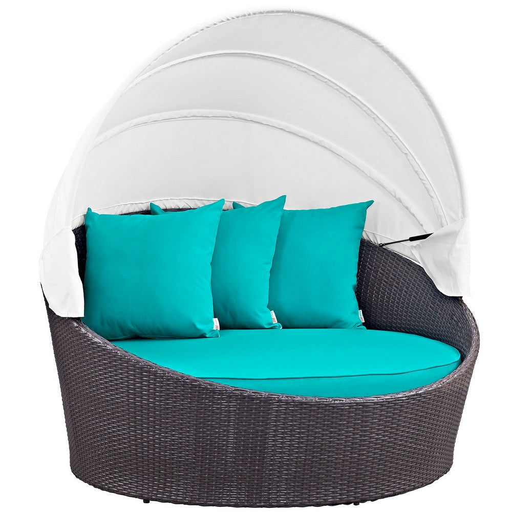 Modway Convene Wicker Rattan Outdoor Patio Retractable Canopy Round Poolside Sofa Daybed in Espresso Turquoise