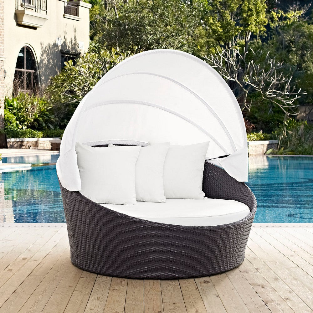 Modway Convene Wicker Rattan Outdoor Patio Retractable Canopy Round Poolside Sofa Daybed in Espresso White