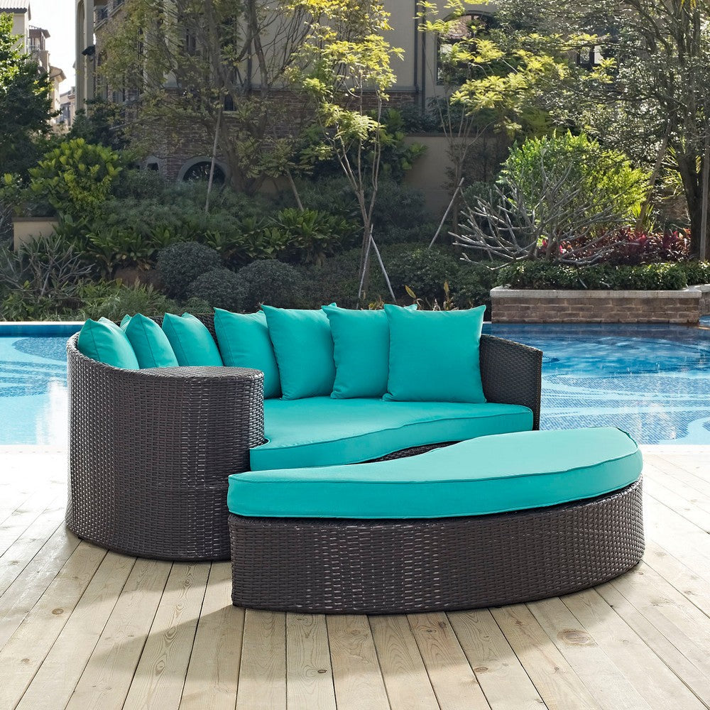 Modway Convene Wicker Rattan Outdoor Patio Poolside Sectional Sofa Daybed with Cushions in Espresso Turquoise MDY-EEI-2176-EXP-TRQ