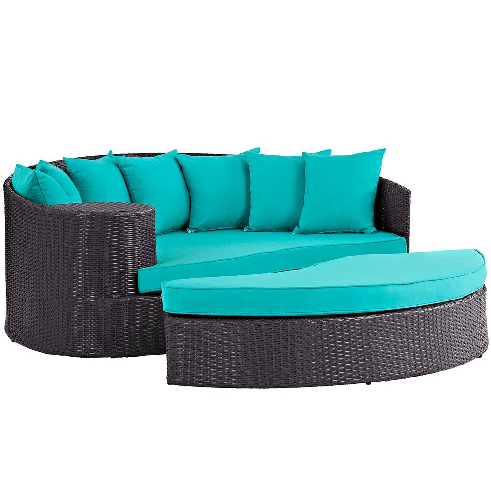 Modway Convene Wicker Rattan Outdoor Patio Poolside Sectional Sofa Daybed with Cushions in Espresso Turquoise