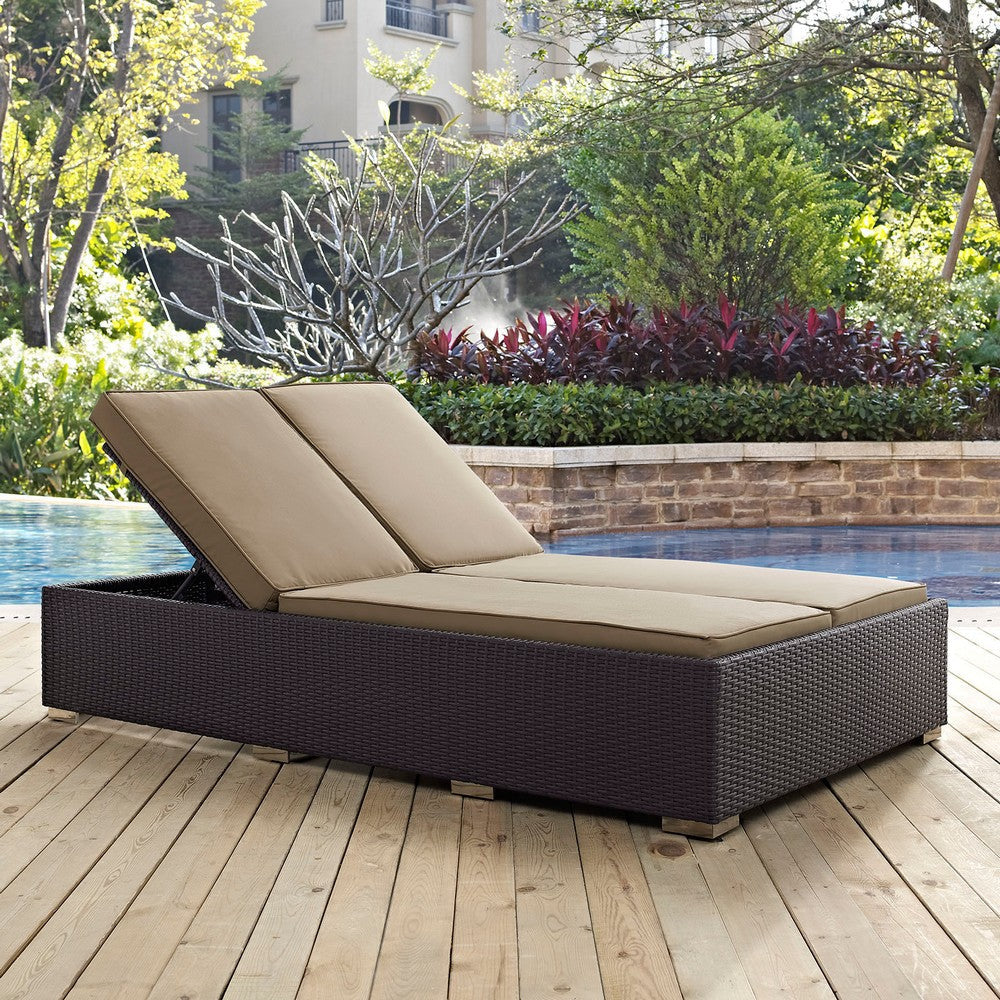 Modway Convene Wicker Rattan Outdoor Patio Upholstered Double Chaise Chair in Espresso Mocha MDY-EEI-2177-EXP-MOC