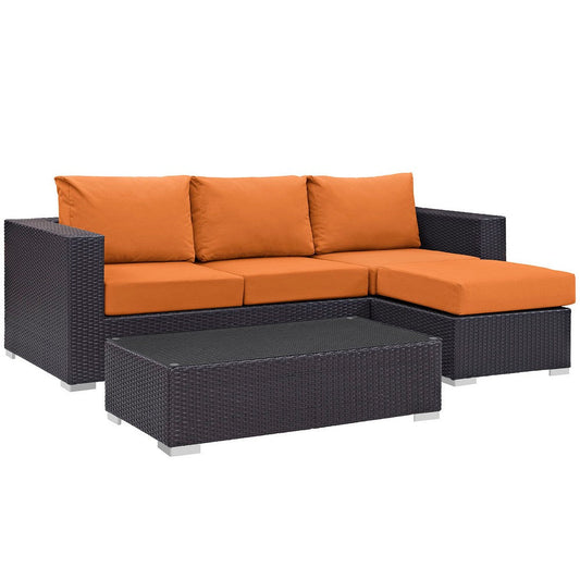 Modway Convene Wicker Rattan 3-Piece Outdoor Patio Furniture Sofa Set in Espresso Orange