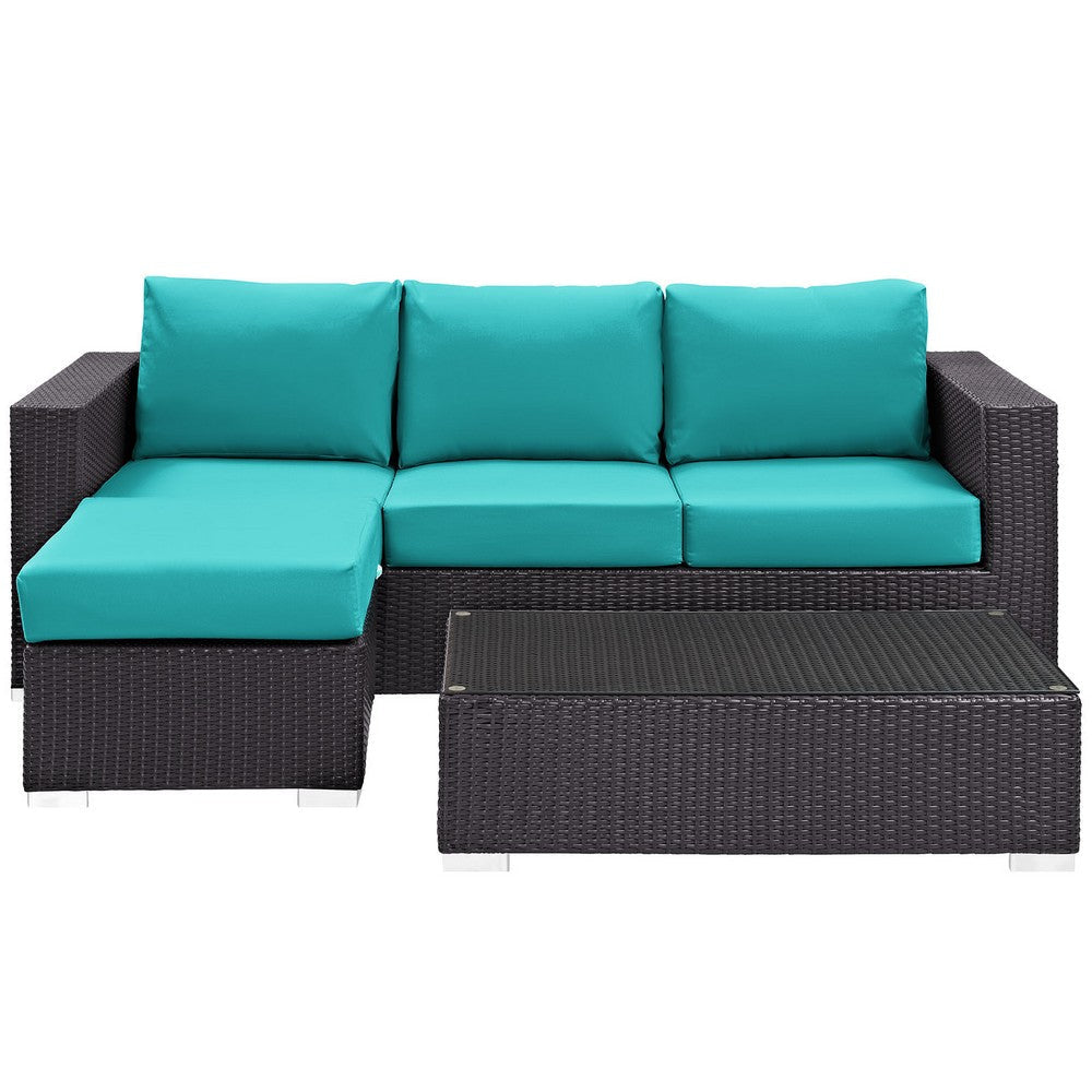 Modway Convene Wicker Rattan 3-Piece Outdoor Patio Furniture Sofa Set in Espresso Turquoise MDY-EEI-2178-EXP-TRQ-SET