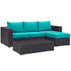 Modway Convene Wicker Rattan 3-Piece Outdoor Patio Furniture Sofa Set in Espresso Turquoise