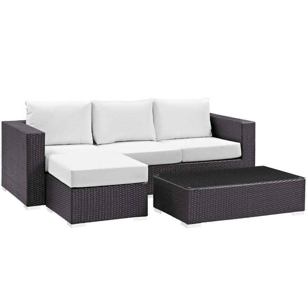 Modway Convene Wicker Rattan 3-Piece Outdoor Patio Furniture Sofa Set in Espresso White MDY-EEI-2178-EXP-WHI-SET