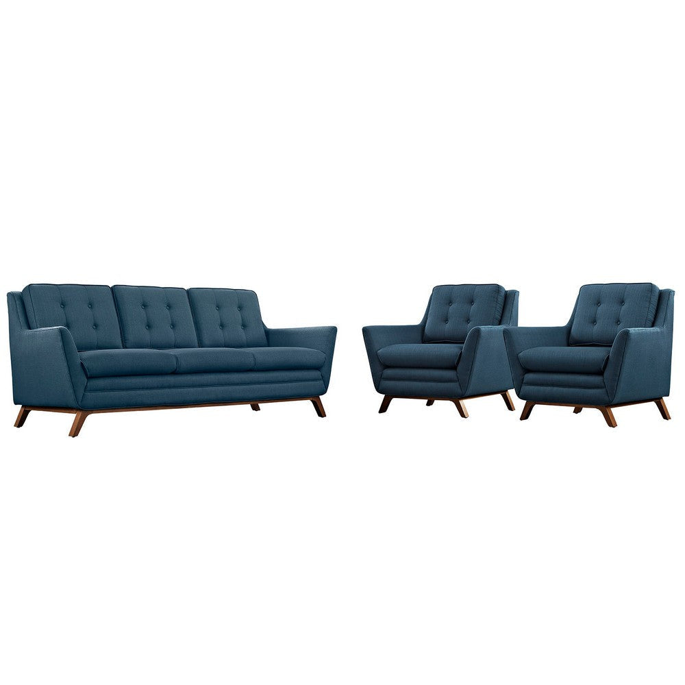 Modway Beguile Mid-Century Modern Sofa Upholstered Fabric with Sofa and Two Armchairs in Azure