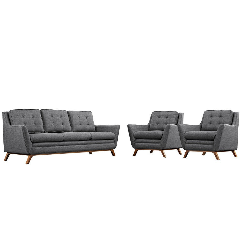 Modway Beguile Mid-Century Modern Sofa Upholstered Fabric with Sofa and Two Armchairs in Gray