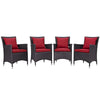 Modway P 4 Piece Set Convene Wicker Rattan Outdoor Patio, Four Dining Armchairs, Red