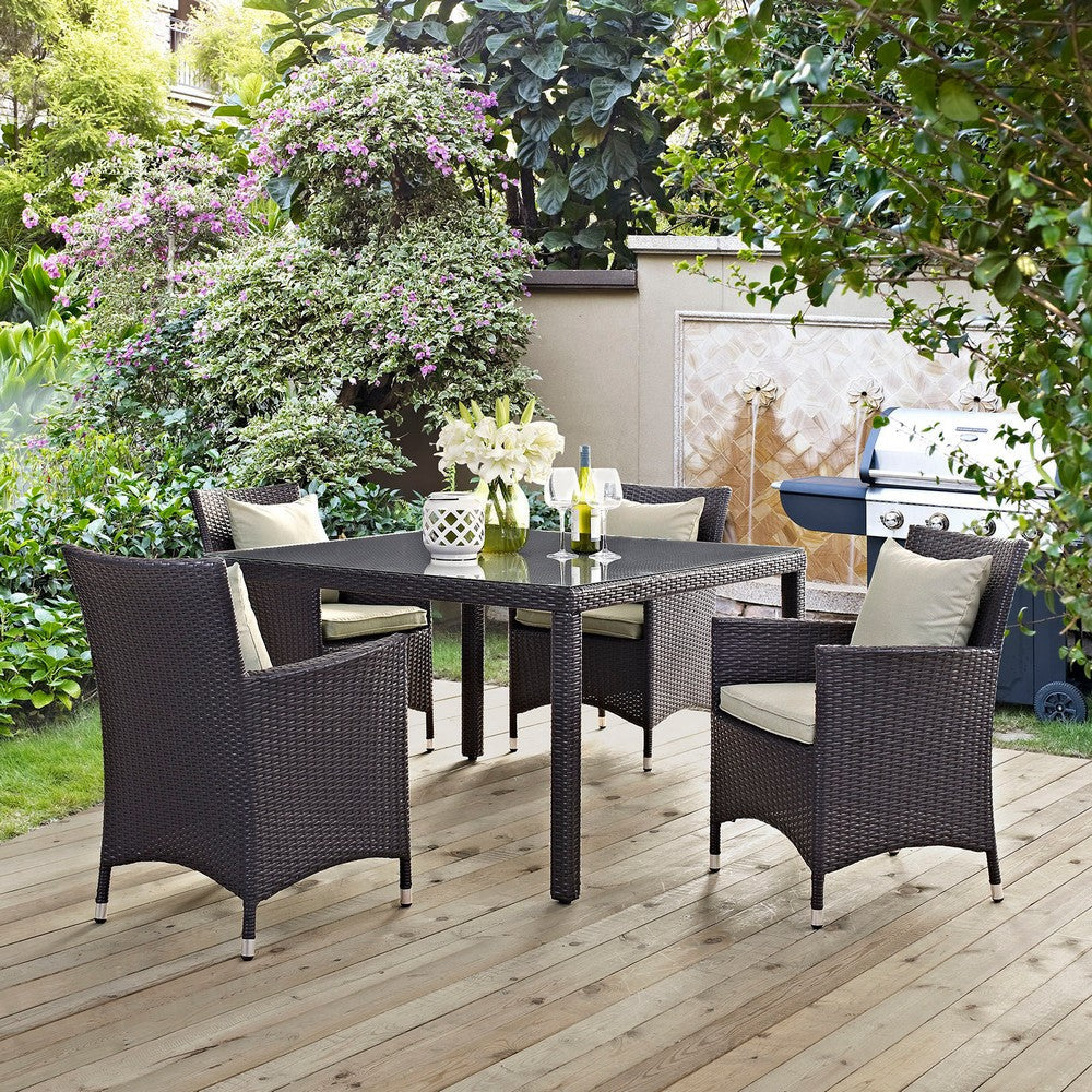 Modway Convene Wicker Rattan 5-Piece Outdoor Patio Dining Set with 47’’ Square Dining Table and Four Dining Arm Chairs in Espresso