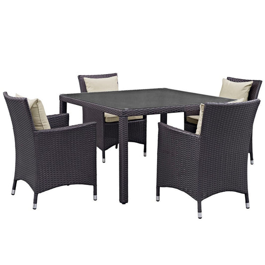 Modway Convene Wicker Rattan 5-Piece Outdoor Patio Dining Set with 47" Square Dining Table and Four Dining Arm Chairs in Espresso Beige